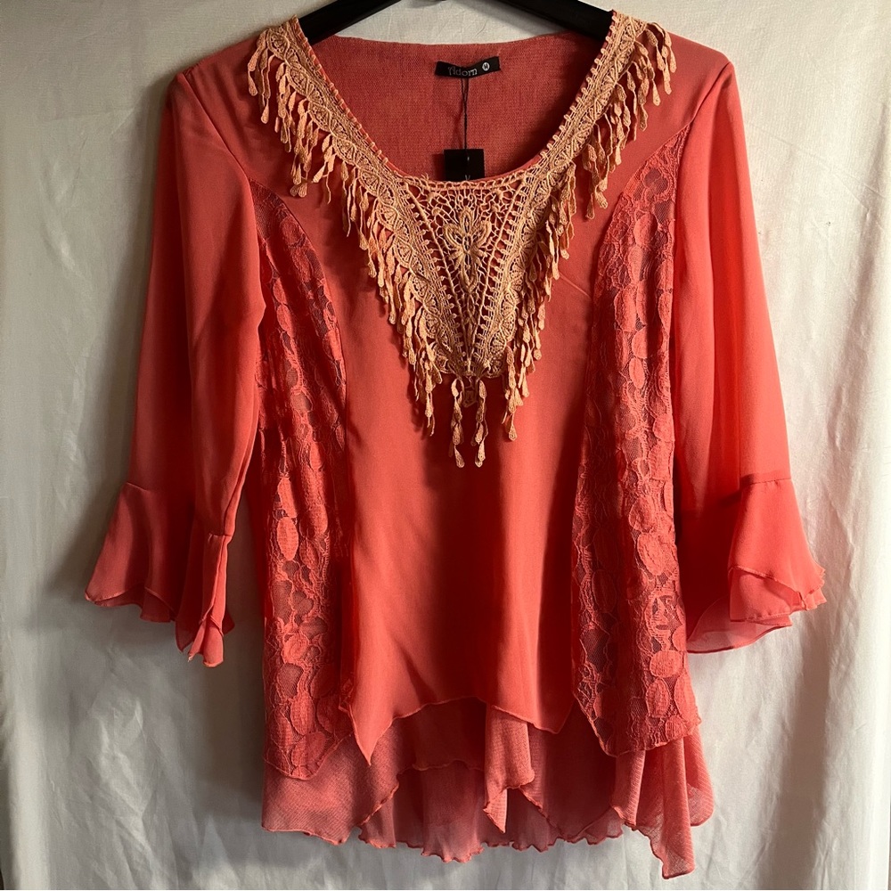 ADORN Fashion Peach Flowy shirt w/lace gauze crochet 3/4 length sleeve size Med